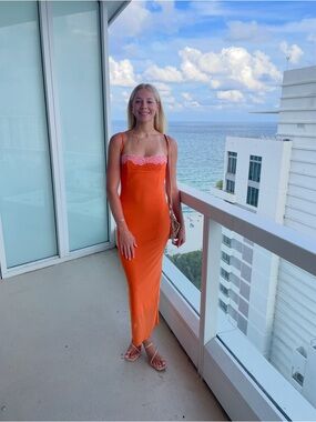 Orange Maxi Slip Dress with Pink Lace Trim